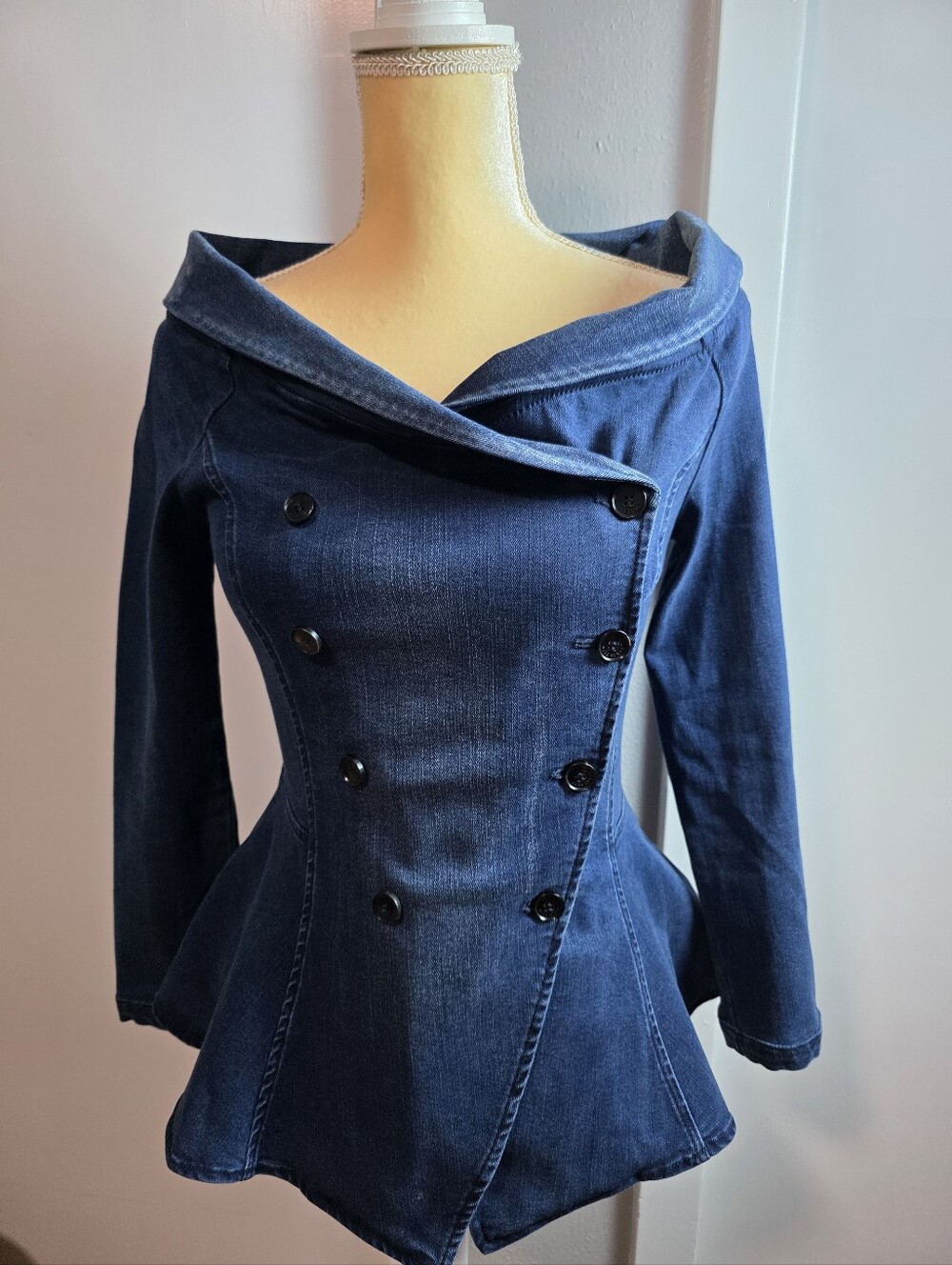 MISS SIXTY Denim Peplum Jacket Off-The-Shoulder Double Breasted Blazer Blue XS